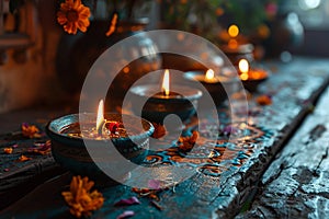 enchanting diwali setup with diyas and rangoli