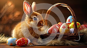 An Enchanting Easter : an adorable bunny beside a wicker basket filled with exquisitely painted eggs