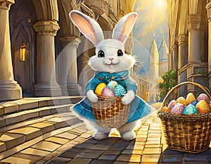 Enchanting Easter Scene: Bunnies, Eggs, and Gardens in the Farmer\'s Courtyard with a Church in the Background