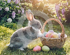 Enchanting Easter Scene: Bunnies, Eggs, and Gardens in the Farmer\'s Courtyard with a Church in the Background