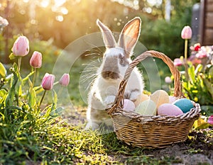 Enchanting Easter Scene: Bunnies, Eggs, and Gardens in the Farmer\'s Courtyard with a Church in the Background