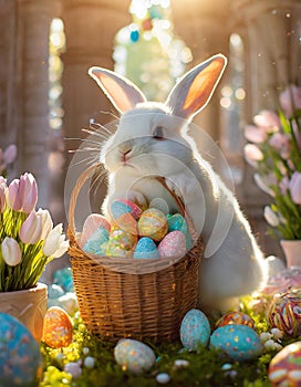 Enchanting Easter Scene: Bunnies, Eggs, and Gardens in the Farmer\'s Courtyard with a Church in the Background