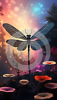 Enchanting Elvish Dragonfly Charcoal Silhouette with Fractal Integration in Magical 3D Render