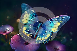 Enchanting Encounter Blue Butterfly on Purple Blossom - generative AI, AI generated