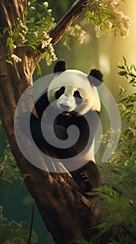 Enchanting Encounter: A Closeup Portrait of a Panda Bear on a Tr