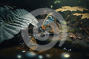 Enchanting Encounter: Fairy and Butterfly at Forest Waterfall in Epic Unreal Compositio