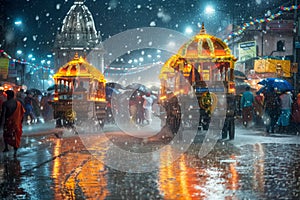 Enchanting Evening Procession of Rath Yatra Under a Rain-Drenched Twilight Sky