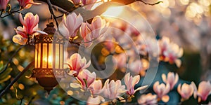 Enchanting evening scene with warm lantern illuminating delicate magnolia blooms