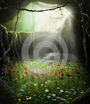 Enchanting Fairy Cave Filled with Flowers