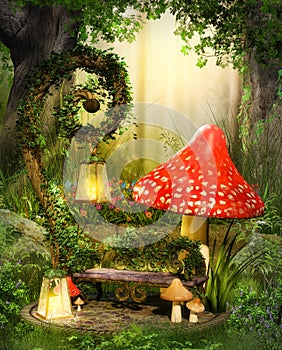 Enchanting fairy lounge bench in a deep magical forest