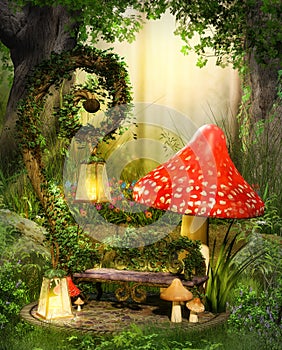 Enchanting fairy lounge bench in a deep magical forest photo