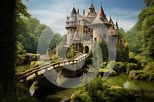 Enchanting fairytale castle atop a lush green hill, surrounded by a moat and drawbridge. Generative AI