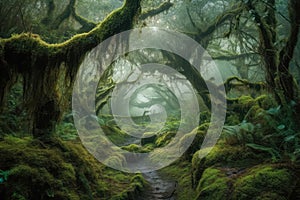 Enchanting Fairytale Forest Mosscovered Trees, Magical Mist, Ethereal Woodland Creatures. Generative AI photo