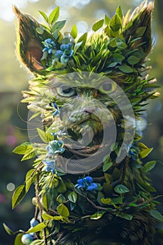 Enchanting Fantasy Feline Creature Nestled in Nature with Floral Adornments photo