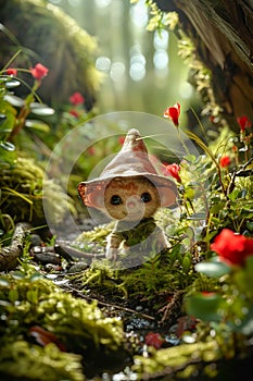 Enchanting Fantasy Scene with Cute Creature Wearing a Mushroom Cap in a Magical Forest