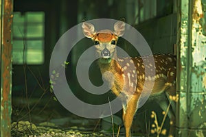 Enchanting Fawn Standing Amidst Abandoned Ruins at Twilight, Symbolizing Nature Reclaiming Space photo