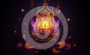 A fancy purple lantern with golden leaves, in the style of colorful fantasy realism, 2d game art
