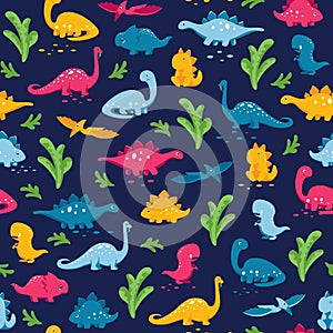 Enchanting floral seamless patterns with playful dinosaur motifs for kids. Versatile vector design for covers, paper