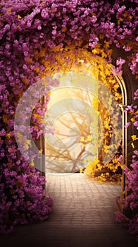 Enchanting Flower Tunnel With Illuminated Exit. Generative AI.