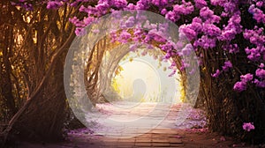 Enchanting Flower Tunnel With Illuminated Exit. Generative AI.