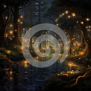 An enchanting forest illuminated by the soft glow of fireflies, creating a magical and ethereal atmosphere