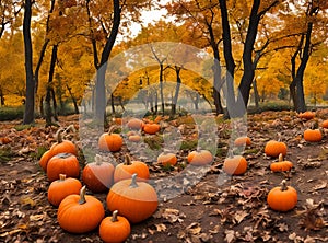 In the enchanting forest, November's Halloween pumpkin harvest unfolds.