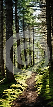 Enchanting Forest Path: A Captivating Journey Through Moss Covered Trees photo