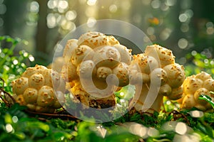 Enchanting Forest Scene with a Cluster of Wild Mushrooms Bathed in Sunlight Amidst Lush Greenery