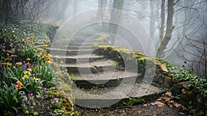 Enchanting Forest Stairway Shrouded in Mist with Spring Blooms