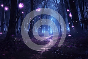 Enchanting forest teeming with fireflies, night ambiance, gentle purple radiance, Generative AI