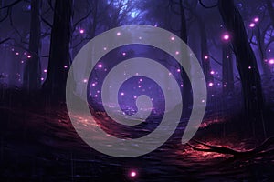 Enchanting forest teeming with fireflies, night ambiance, gentle purple radiance, Generative AI