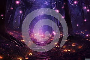 Enchanting forest teeming with fireflies, night ambiance, gentle purple radiance, Generative AI