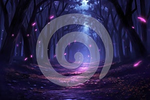 Enchanting forest teeming with fireflies, night ambiance, gentle purple radiance, Generative AI