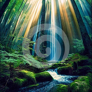 Enchanting Forest Waterfall: Sunlit Serenity - generative ai