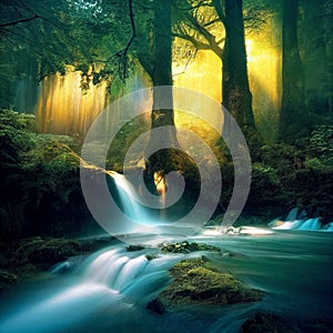 Enchanting Forest Waterfall: Sunlit Serenity - generative ai