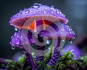 Enchanting Garden Gems: A Trio of Purple Mushrooms, Mossy Surfac