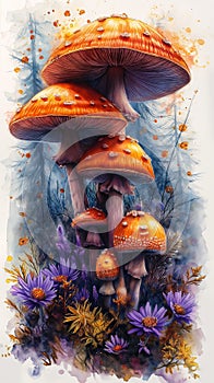 Enchanting Garden: A Vibrant Pastel Illustration of Mushrooms an