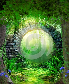 Enchanting gate entrance to a lush fairytale forest photo