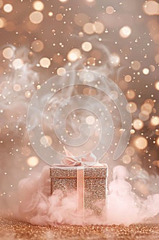 An enchanting gift box wrapped in glittering paper with a delicate bow, nestled in a cloud of soft smoke against a