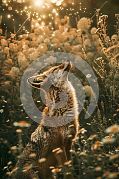 Enchanting Golden Hour Scene with a Coyote Gazing Upwards in a Magical Meadow