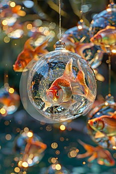 Enchanting Goldfish Encapsulated in Transparent Hanging Orbs with Sparkling Backdrop