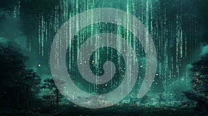 Enchanting Green Digital Rain Falls Upon A Mystical Forest