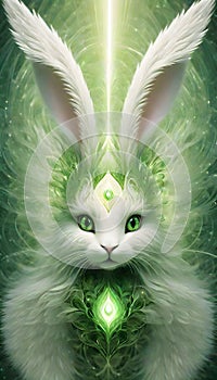 Enchanting Green Rabbit With Glowing Wings, Generative AI