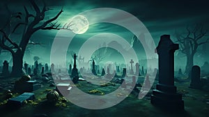 Enchanting Halloween Cemetery Captivating Graveyard with Full Moon in Dark Turquoise and Light Green Mist - Background for October