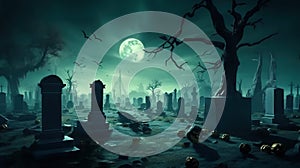 Enchanting Halloween Cemetery Captivating Graveyard with Full Moon in Dark Turquoise and Light Green Mist - Background for October