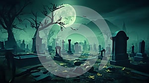 Enchanting Halloween Cemetery Captivating Graveyard with Full Moon in Dark Turquoise and Light Green Mist - Background for October