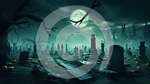 Enchanting Halloween Cemetery Captivating Graveyard with Full Moon in Dark Turquoise and Light Green Mist - Background for October