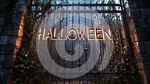 Enchanting Halloween Gate Decorated with Glowing Letters in a Mystic Evening