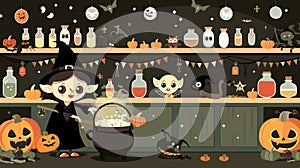 Enchanting Halloween Party Setup with Cute Witch and Spooky Decorations