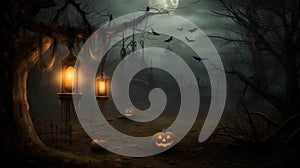 Enchanting Halloween Pumpkin with Lanterns in a Graveyard on a Dark Night Bathed in Moonlight AI generated